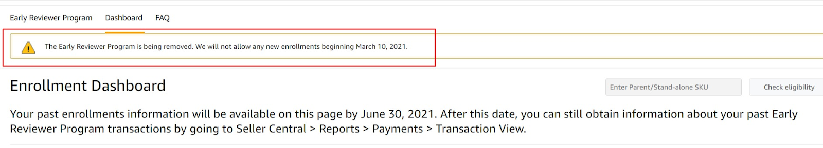 Early Reviewer Program removal notice, screenshot from Seller Central.