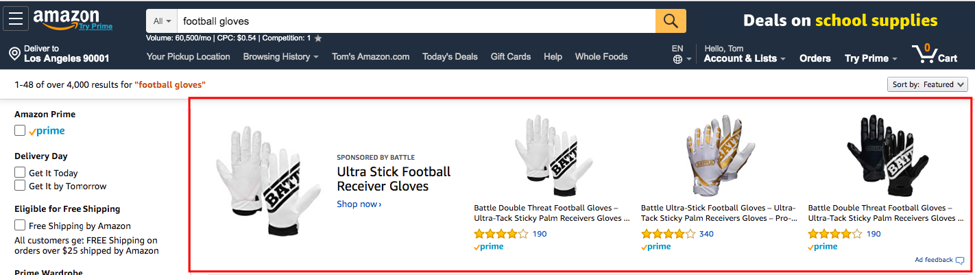 Example of a Sponsored Brands ad for the search term ‘football gloves’ on the Search Results page