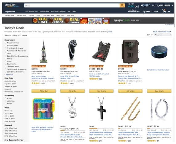  Above: featured Deals on Amazon, including Lightning Deals which are known to customers as “Gold Box Deals”. Customers can filter deals by category, % off, and other criteria. 