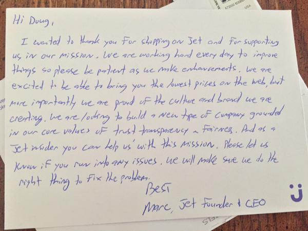   A handwritten note from the CEO of Jet to one of its first customers via  @plusdoug  on Twitter   