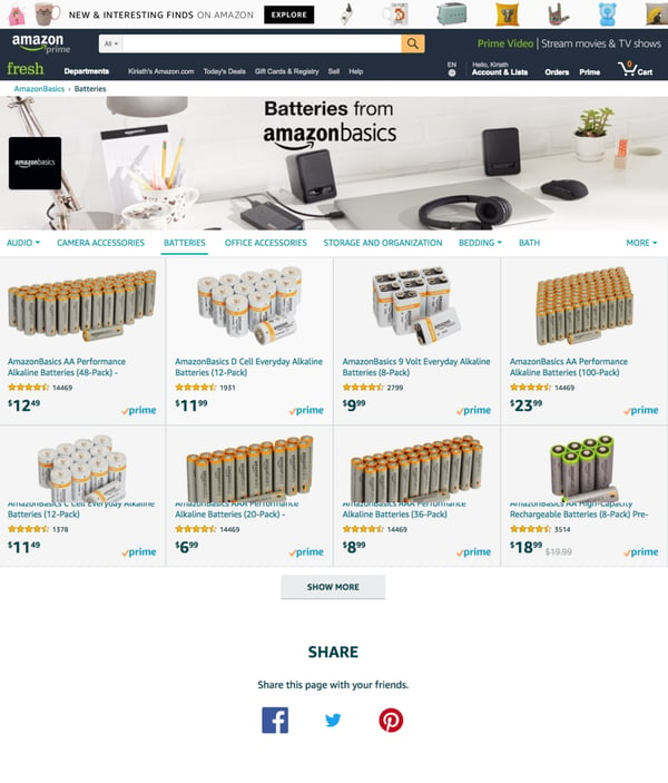   Above: a category-level store page for AmazonBasics batteries.  
