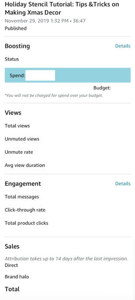 Livestream performance metrics, scrubbed of sensitive client data, from within the Amazon Live app.