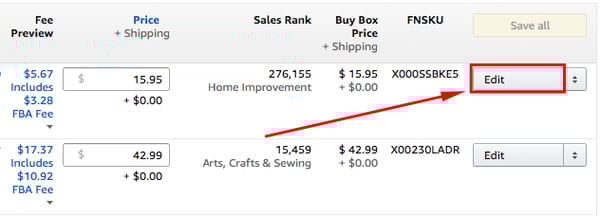 To add or update backend keywords, click on the “Edit” button on the ‘Manage Inventory’ tab in your Seller Central account.
