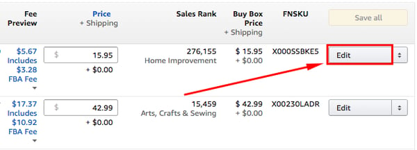 To add or update backend keywords, click on the “Edit” button on the ‘Manage Inventory’ tab in your Seller Central account.