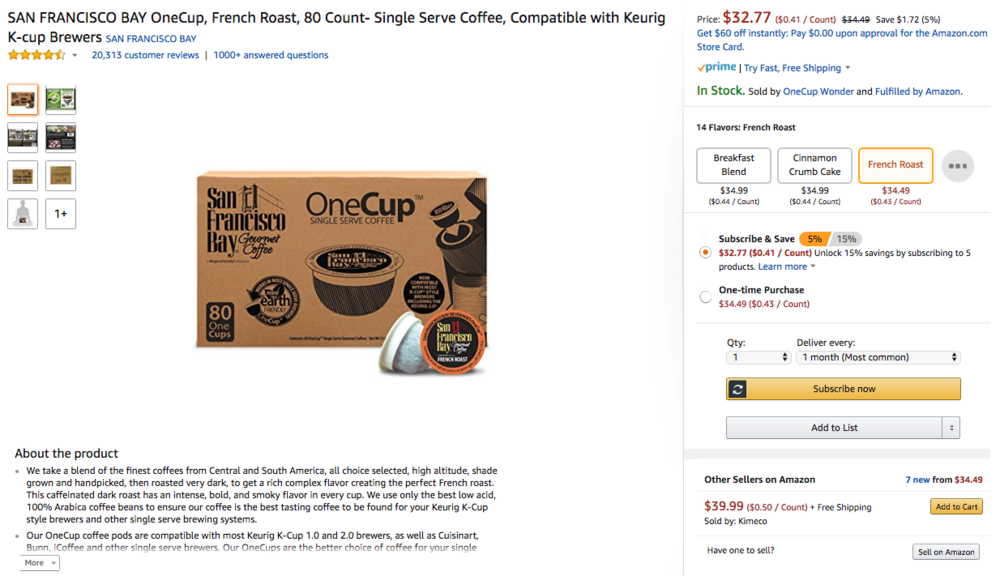   Above: example of a Amazon product page, with a keyword-optimized title, descriptive bullets, quality product images, logical flavor variations, and enrolled in the Subscribe & Save subscription program.   