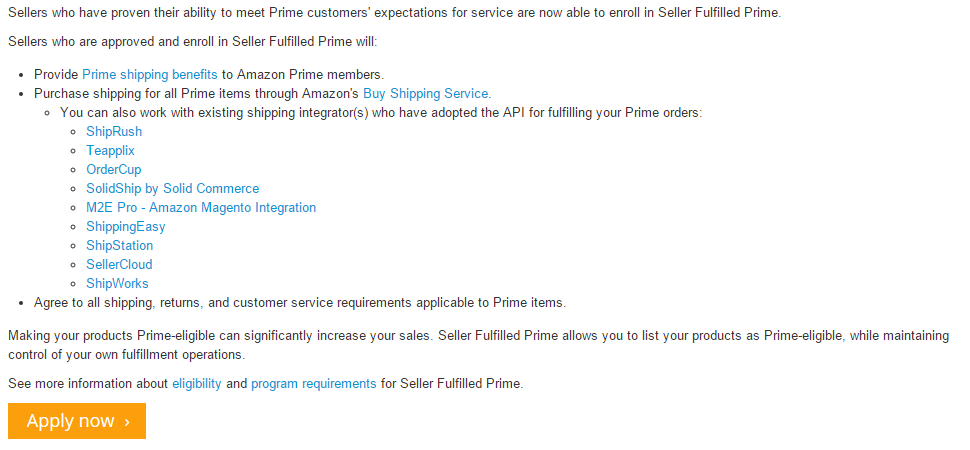   A list of existing shipping integrations which work with Seller Fulfilled Prime.  