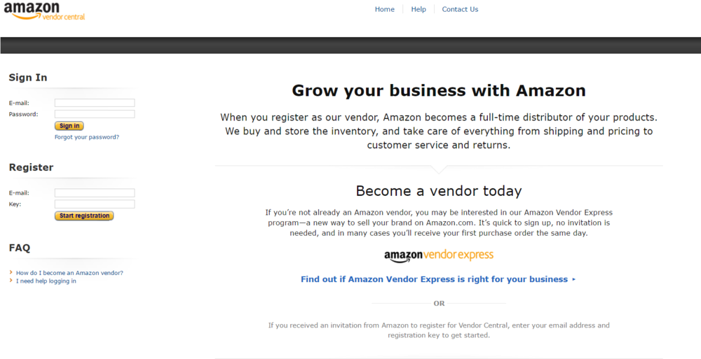  Above: Amazon Vendor Central Homepage  